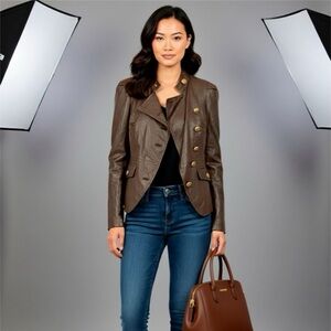 Blanc Noir Women's Leather Jacket with Gold Accents